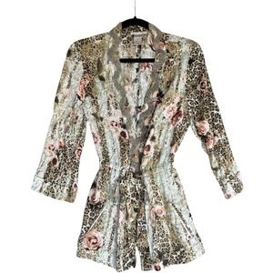 Alberto Makali 100% Linen Blouse Womens Size M Beaded Floral‎ Leopard Lagenlook